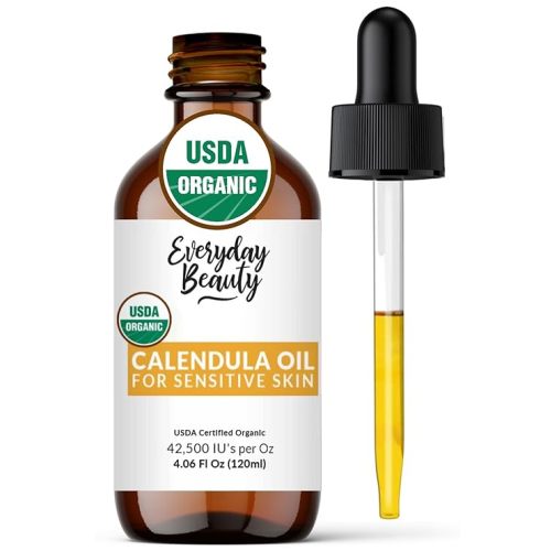 Organic Calendula Oil For Sensitive Skin - USDA Certified 100% Plant Based, Lightweight & Unscented Gentle Soothing Oil For Sensitive Skin - For Face, All Over - Large 4.06 Fl Oz Glass & Dropper