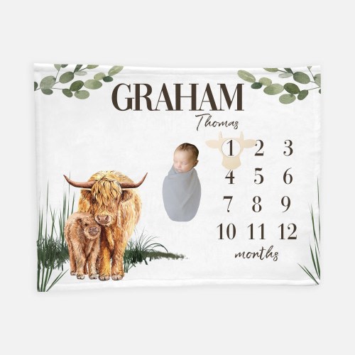 Boho Highland Cow Milestone Blanket, Boy Cow Milestone Blanket, Month Baby Blanket, Highland Cow Baby Blanket, Highland Cow Nursery C21