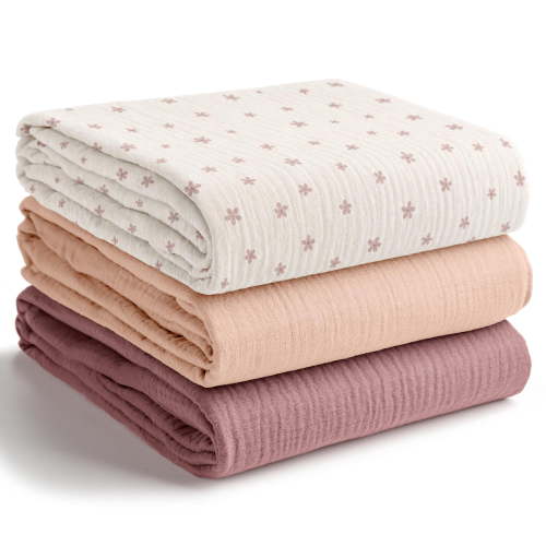 Comfy Cubs Muslin Swaddle Blankets Pack of 3 - 42 x 42 Inch Large Wraps for Newborns - Flower Pattern, Blush, Mauve