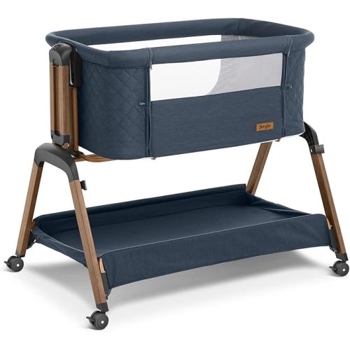 3 in 1 Baby Bassinet, Rocking Bassinets with Comfy Mattress and Wheels, Adjustable Height Bassinet Bedside Sleeper, Easy Folding Portable Crib for Newborn (Navy Blue)