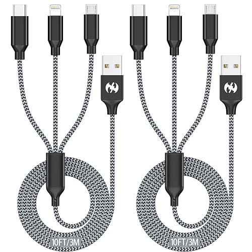 Multi Charging Cable 10ft 2Pack 3 in 1 Charger Cord, Long Multiple Rapid Nylon Braided Cable USB Charging Cable Multi Phone Charger Cord with Type C Micro Lightning USB Connectors for Cell Phones