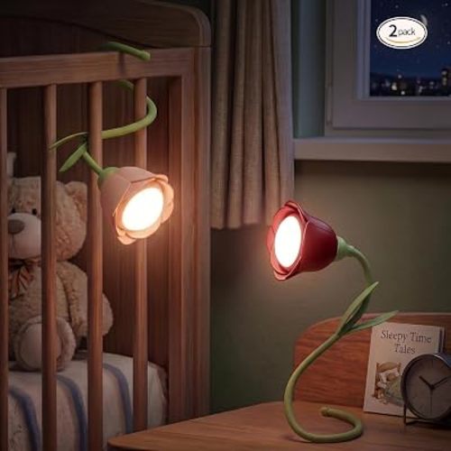 Rechargeable Flower Nursery Night Light for Kids & Room Decor | Cute Breastfeeding Light for Bed Frame & Midnight Feeds, Stepless Dimming & Flicker-Free, Portable Bedside Lamp, Rose Pink&Red