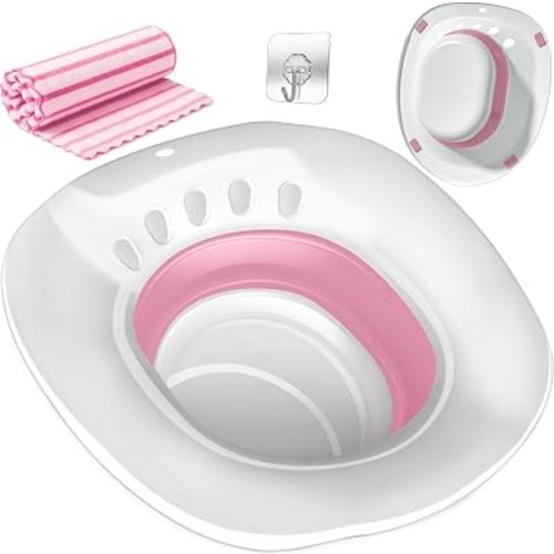 Sitz Bath for Toilet Seat - Yoni Steam Seat - Sitz Bath for Hemorrhoids and Postpartum Care - Portable Bidet BPA Free - Foldable Basin for Epsom Salt Soak - Pink