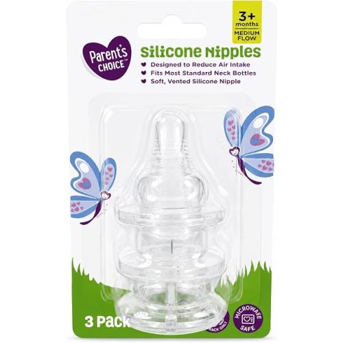 Parent's Choice Wide Neck Silicone Nipples, 3+ Months, 3 Pack, 3 Count (Pack of 1) (PC Wide Neck Silicone Nipples 3+ Mo)