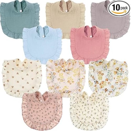 Mepase 10 Pcs Large Muslin Baby Girl Bibs Drool Teething Bibs Lap Shoulder for Boy Girls Teething(Fresh Colors)