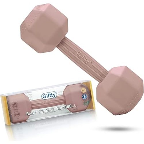Giftty Baby Dumbbell Toy - Silicone Infant Rattle Teething Toy Teether Toddler Sensory Toy Durable Safe Exercises Workout Weight - Great Gift for Girls and Boys (1pcs - Sandy Brown)