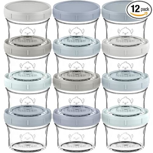 KeaBabies 12pk 4oz Glass Baby Food Containers with Lids, Leak-Proof (Slate)