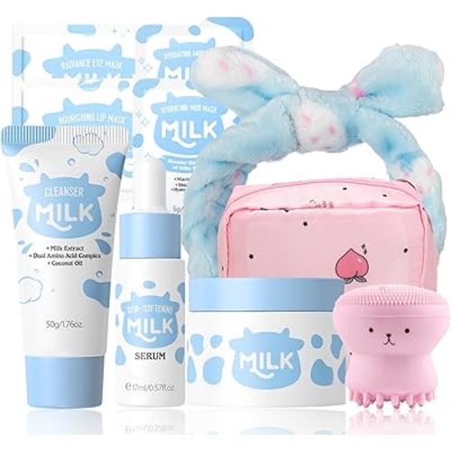 10 in 1 Gentle Milk Skincare for Girls 10-12, Kids Skin Care Set for Girls Ages 8-12, Milk Skincare Kit with Cleanser, Serum, Cream, Masks, Travel-Friendly & Hydrating Skincare for Teens & Kids 8-9