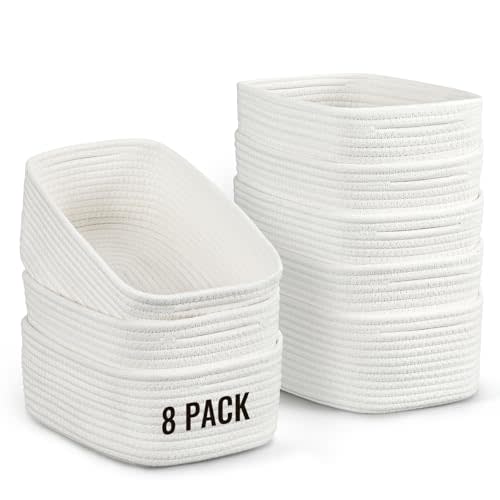 8 Pack Small Storage Baskets for Organizing, Woven Rope Bins for Bathroom, Closet, Shelf Organizer, Cute Cube Decorative Box for Towels, Baby Nursery, Toys, Gift Empty Baskets - 11.5"x7.5"x4.7"-White