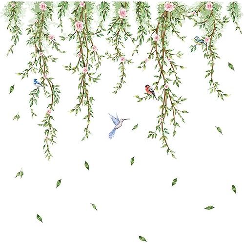 Hanging Vine Wall Decals with Birds Green Leaves Flowers Removable Peel and Stick Wall Stickers for Bedroom Living Room Nursery Bathroom Kitchen Home Decor DIY Forest Wall Art