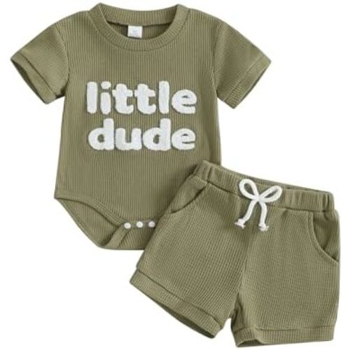 Douhoow Baby Boy Summer Outfits Short Sleeve Mamas Boy Little Dude Embroidery Boy Romper Shorts Set Infant Waffle Clothes