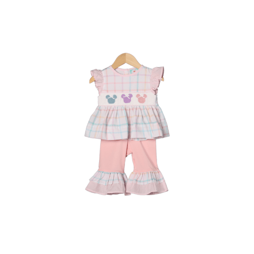 Smocked Mouse Pastel Plaid Pant Set