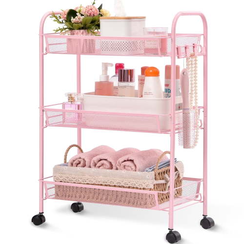 KINGRACK 3 Tier Rolling Cart Organizer, Mesh Utility Cart with Wheels, Pink, Storage Hooks