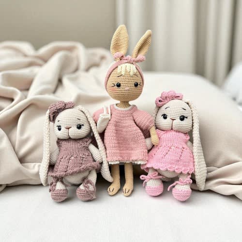 Handmade Organic Cotton Crochet Rabbit Family: Amigurumi Doll