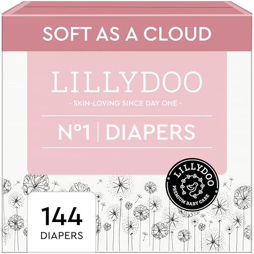 LILLYDOO Baby Diapers - Size 1 (4+ lbs), Monthly Supply (144 Count), Leak Protection, Skin-Friendly, Ultrasoft, Perfume- & Chlorine-Free, Hypoallergenic, Dermatologist Tested, Oeko-TEX®