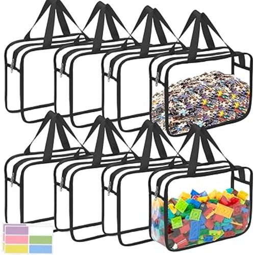 8 Packs Large Toy Storage Bags with Zipper and Labels, Clear PVC Waterproof Toy Organizers Bags for Board Games, Puzzles Pieces, Building Blocks, Handmade Accessories, Kid Books