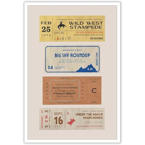 Vintage Rodeo Tickets Posters Retro Minimalist Wild Western Cowboy Rider Canvas Wall Art 1970s Austin Texas Tickets Stub Prints Painting For Home Bedroom Dorm Wall Decor 8x12in Unframed