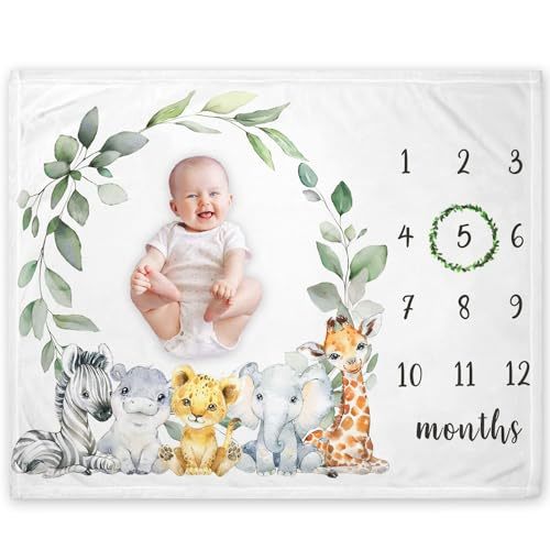 Safari Milestone Blanket, Jungle Wild Animals Baby Growth Monthly Blanket | Watch Me Grow Jungle Safari Baby Nursery for New Moms Baby Shower(50"x40")