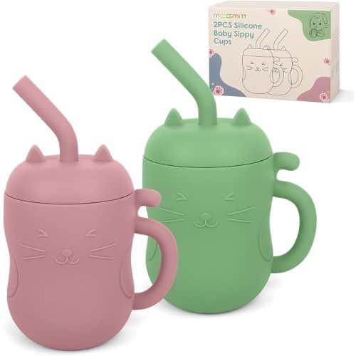 MCGMITT Silicone Baby Sippy Cup, 2 Pack Spill Proof Straw Cup for 6 12 18 Months, 5oz BPA Free Non Toxic Toddlers Training Cup with Handle, Soft Toddler Water Cup for 1 2 3 Years Old Oral Development