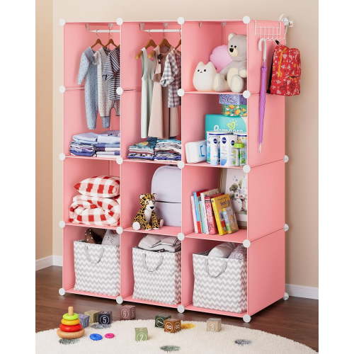 Baby Closet Organizer for Nursery: Durable Baby Wardrobe for Closet - Customizable Baby Dresser Amoire Shelves - Waterproof Shelf Clothes Organizer w/Wall Fixation (Pink)