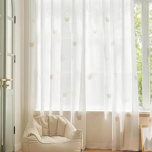 Cartoon Bears White Light-filtering Sheer Curtains for Bedroom Living Room
