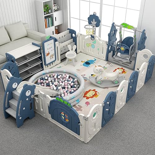 5 Square Baby Safey Gate Playpen Toy Set, HDPE Material BPA Free, 6.73 x 8.07ft Blue Foldable Baby Playpen Fence with Swing, Bookshelf, Drawing Board, Play on The Slide, Rocking Horse, etc.