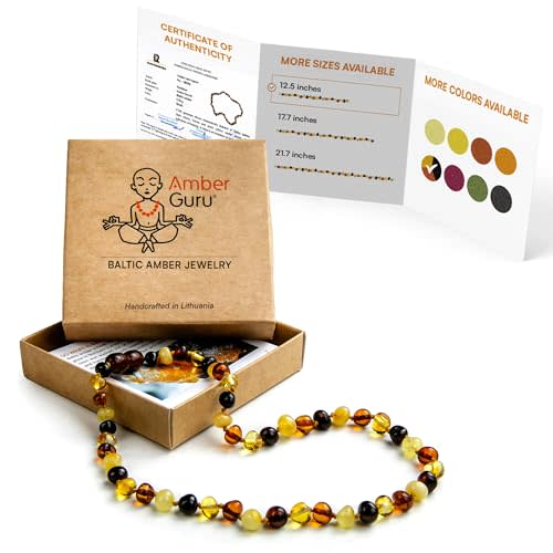 Amber Guru Baltic Amber Necklace (Authentic, Certified) - 12.5 inches - Unisex Jewelry - Polished Real Amber Beads - Proud to Deliver Genuine Baltic Sea Wonder Handmade
