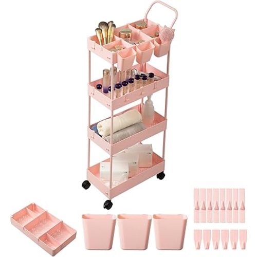 Danpinera 4-Tier Pink Slim Storage Cart, Narrow Laundry Cart with Wheels, Dividers, Hanging Cups, Hooks, Easy Assembly