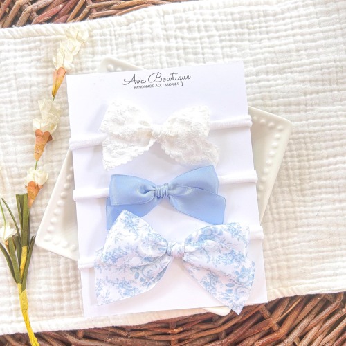 Baby Girls Headband Set - Baby Blue Toile Headband - Baby Shower Headband Set