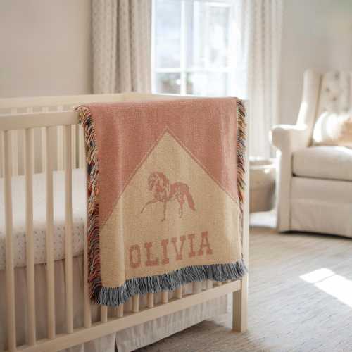 Personalized Cowgirl Woven Baby Blanket, Baby Girl Western Blanket, Heirloom Blanket, Newborn Name Blanket,Monogram Pink Horse Woven Throw