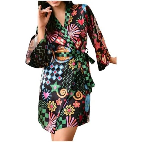 WDIRARA Women's Checkered Graphic Satin Kimono Robe Long Bell Sleeve V Neck Belted Bathrobe Sleepwear