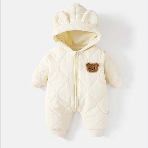 Winter Baby Snowsuit Unisex Quilted Cotton Warm Long Sleeve Jumpsuit Cute Hooded Coverall Outwear Little Girls Clothes, Beige, 3-6 Months