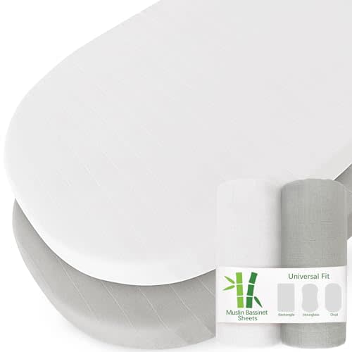 Muslin Bassinet Sheets for Boys and Girls 2 Pack, Ultra Soft Muslin Fitted Baby Bassinet Sheet for Standard Bassinet Mattress(16''×32''/17"x32"/20''x33''), Grey & White