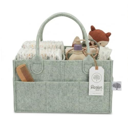 Parker Baby Co. Felt Diaper Caddy Organizer - Regular, Sage | Contenedor de almacenamiento portátil para pañales, toallitas, biberones y artículos esenciales para el hogar y el automóvil