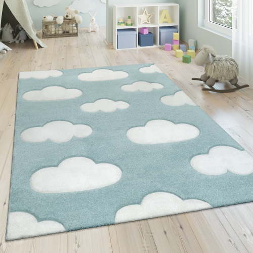 Paco Home Kids Rug with Charming Clouds for Nursery in Pastel Blue - 3X5