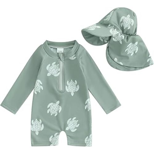 Toddler Infant Baby Boys Swimsuit Kids Rash Guard One Piece Newborn Zipper Bathing Suit Swimwear with Hat