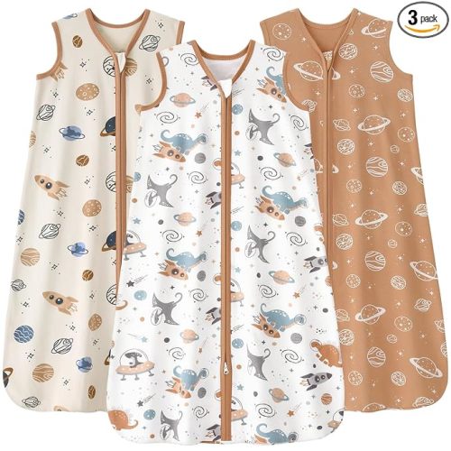FIEMOL Baby Sleep Sack 0-6 months, 100% Cotton Sleeping Sack for Newborn and Infant, 3 Pack Baby Wearable Blanket for Boy and Girl, 0.5 Tog Lightweight Double Zipper Sleep Bag Coffee Dinosaur Planet