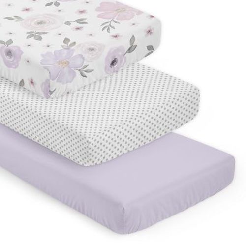 Sweet Jojo Designs Girl Fitted Crib Sheets Watercolor Floral Purple Pink and Grey 3pc