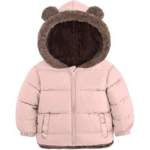 6-12m - Enlifety 6M-5T Baby Toddler Winter Coat Boys Girls Puffer Jacket with Hood | Warm soft zipper fleece jacket with two pockets cute bear ear hoodes winter clothes for daily wear cold outdoor activities