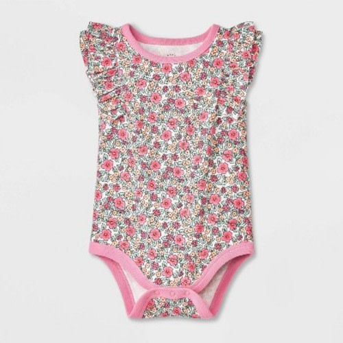 Baby Girls' Solid Ruffle Bodysuit - Cat & Jack™ Cream/Pink 6-9M: Snap Closure, Tagless Design