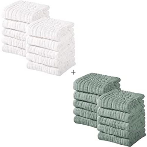 Yoofoss Muslin Baby Washcloths 100% Cotton Face Towels 20 Pack Wash Cloths for Baby 12x12in Soft and Absorbent Baby Wipes (White & Dark Green)