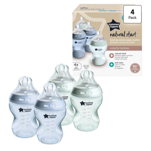 Tommee Tippee Natural Start Anti-Colic 9 oz BPA Free Baby Bottles, 0+ Months, Slow Flow Breast-Like Nipple, Self Sterilizing, Seamless Transition Between Bottle & Breast, Blue & Green, Pack of 4