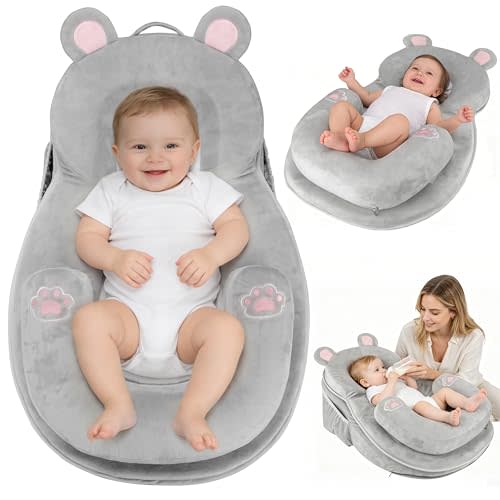 Baby Feeding Pillow, Anti-Reflux Infant Lounger Pillow for Reducing Spit-Up | 25.2" L x 17.7" W, Breastfeeding, Tummy Time, Machine Washable, Detachable Cover, Handle & Storage Bag