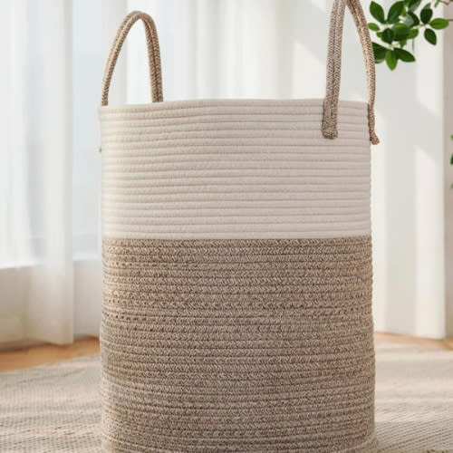 Large Woven Laundry Basket Hamper,60L Cotton Rope Storage Bin for Blankets,Toys and Clothes,Decorative Tall Nursery Hamper for Living Room,Baby Nursery,Bathroom and Bedroom,Brown