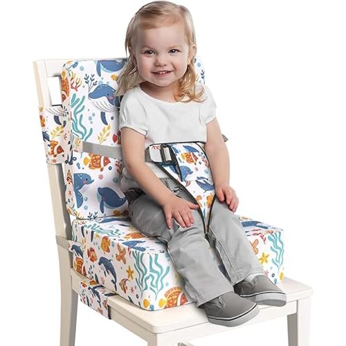 Booster Seat for Dining Table, Toddler Booster Seat for Dining Table with Safety Buckles, Anti-Scratch Easy Cleaning Toddler Seat for Table (White-Fish)