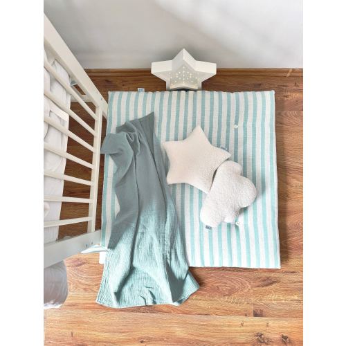Mint & White Striped Linen Play Mat, Quilted Square Nursery Floor Mat, Kids Room Rug