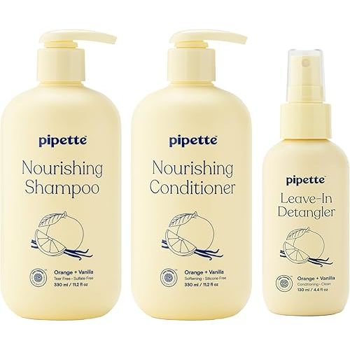 Pipette Kids Daily Haircare Trio, Pack of 3, Includes Leave-In Detangler, Gentle Tear-Free Nourishing Kids and Toddler Shampoo and Conditioner, Non-Toxic, Hypoallergenic, Orange and Vanilla Scent