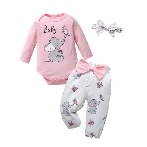 Newborn Baby Girl Clothes Animals Style Long Sleeve Ruffle Romper Pants Set 3PCS Fall Outfits Pink 0-3 Months