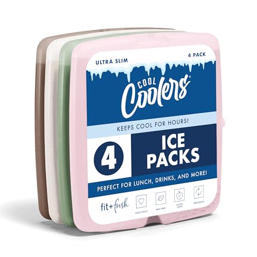 Cool Coolers by Fit & Fresh Slim Ice Packs, Quick Freeze Reusable Ice Packs for Lunch Boxes & Coolers, Long-Lasting, Space Saving Lunch Ice Packs, Blue, 4Pk