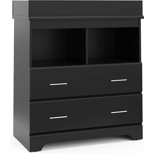 Storkcraft Brookside 2 Drawer Changing Table Dresser (Black) – GREENGUARD Gold Certified, Easy-to-Match Chest of Drawers and Cubbies for Nursery and Kids Bedroom, Includes Changing Table Topper